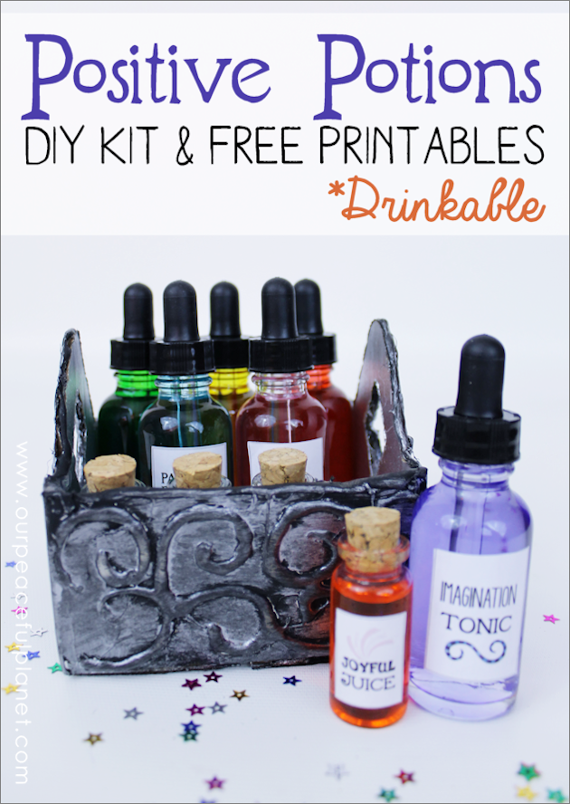 The power of imagination is undeniable. Make a Positive Potions Kit to inspire your kids. 25 free printable labels and instructions. (Fun for adults too!)