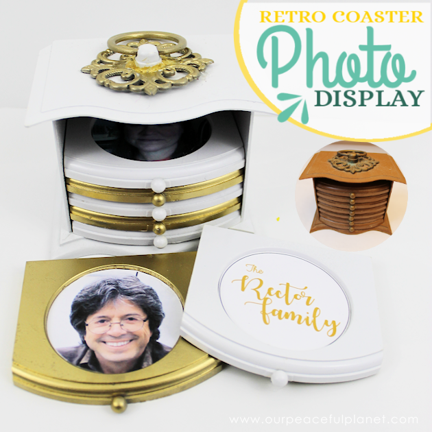 These retro coaster sets found in many thrift stores make a beautiful photo upcycling project with some paint glue and personal pictures!