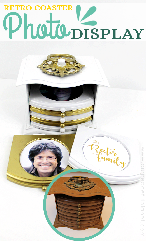 These retro coaster sets found in many thrift stores make a beautiful photo upcycling project with some paint glue and personal pictures!