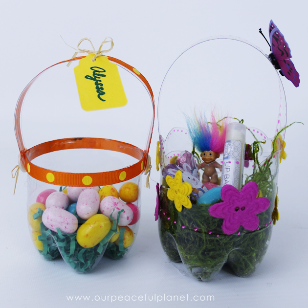 Pretty little custom DIY Easter baskets you can make in minutes using a plastic soda bottle of any size! Use for Easter or as a gift basket for any time!