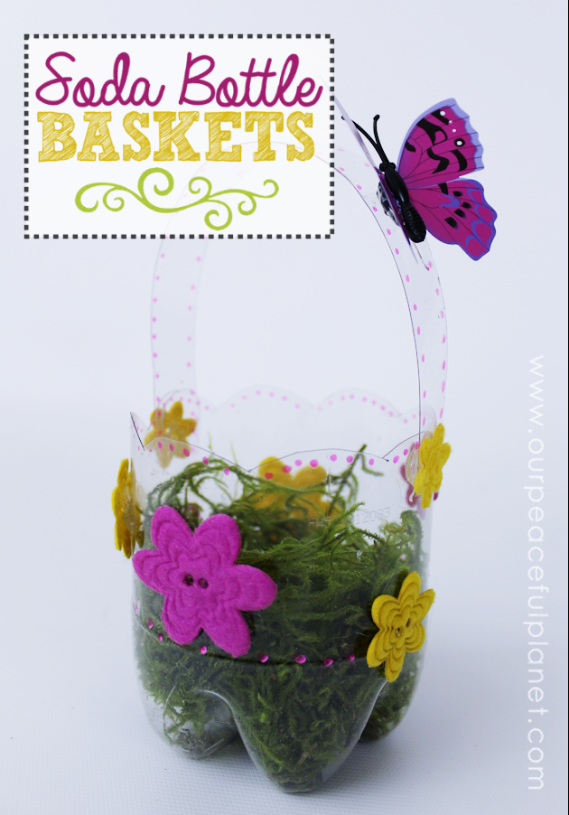Pretty little custom DIY Easter baskets you can make in minutes using a plastic soda bottle of any size! Use for Easter or as a gift basket for any time!