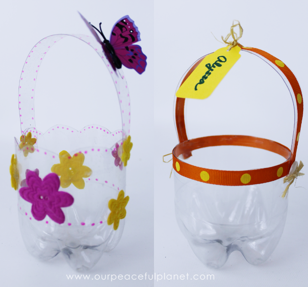 Pretty little custom DIY Easter baskets you can make in minutes using a plastic soda bottle of any size! Use for Easter or as a gift basket for any time!