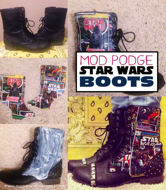 Mod Podge your own set of Star Wars Boots! All you need are two things... the Mod Podge and some Star Wars fabric. 