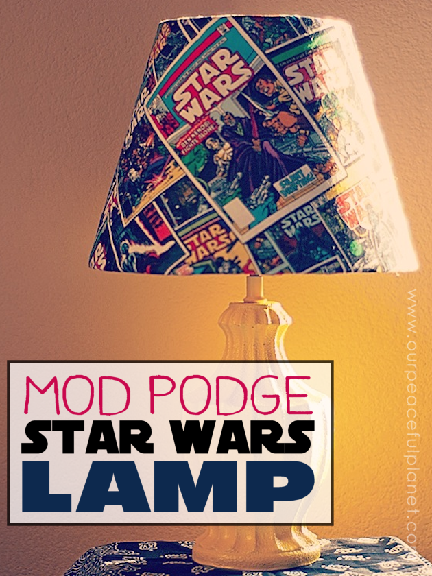 This trendy Star Wars lamp is easy to make and costs very little. All you need is an old lamp, spray paint, Mod Podge and some Star Wars material.
