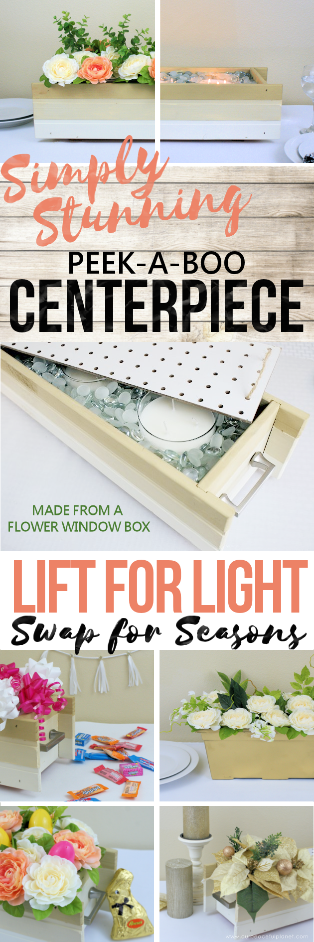 his DIY table centerpiece allows you to change decor year round for any occasion. Then lift out the pegboard insert to find candles for ambient lighting!