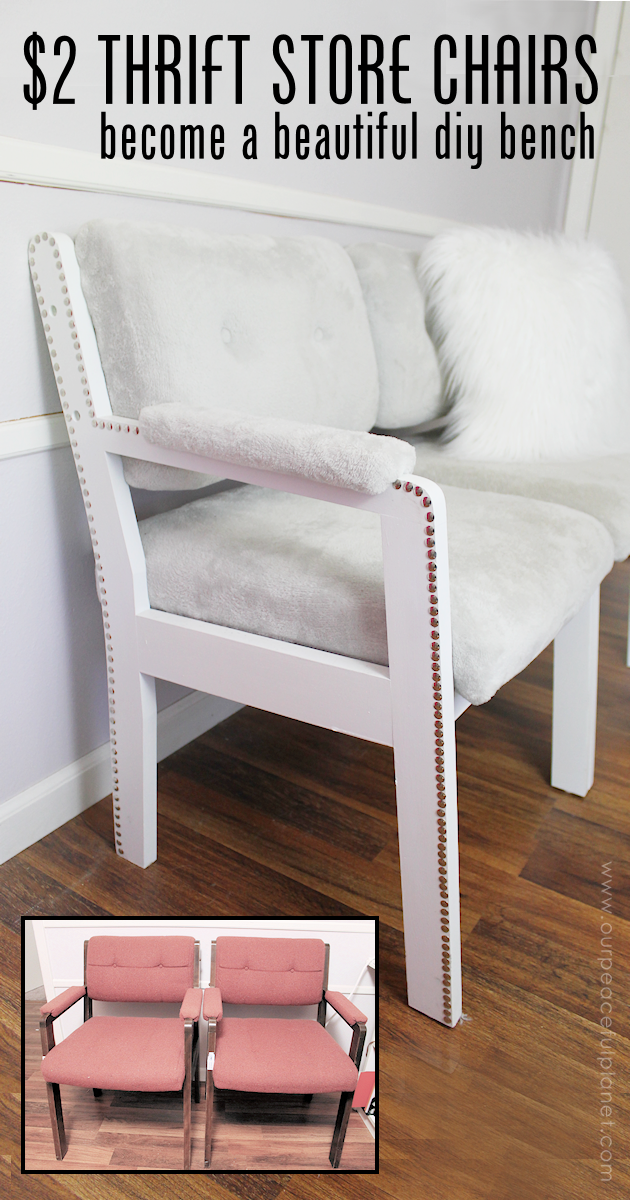 Watch how two $2 thrift store office chairs were transformed into a gorgeous comfy bench seat with nothing more than some paint and $6.00 of material.