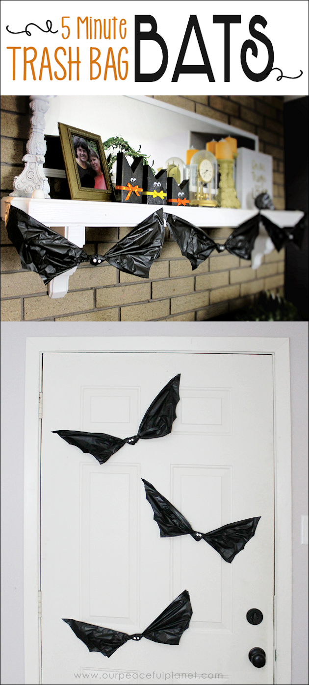 Need quick, low cost awesome looking Halloween decorations? Go to your cupboard, grab some black plastic trash bags & make a large creepy bat in 5 minutes!